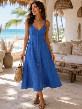 Farm Rio Blue Linen Blend Sundress Sz S Button Front Flowy Resortwear Bohemian
